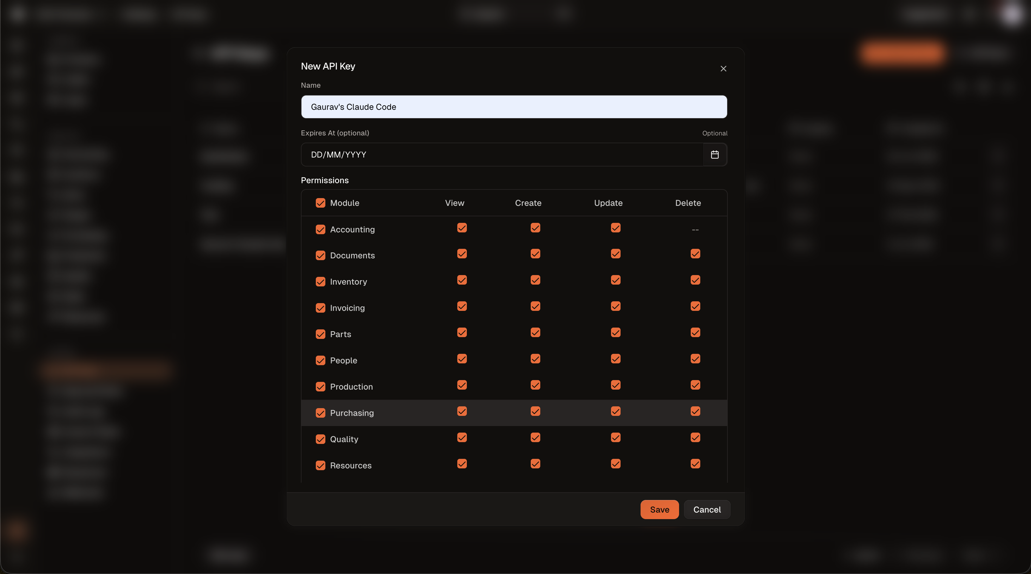 Carbon — Settings → API Keys → the new-key modal with the snippet