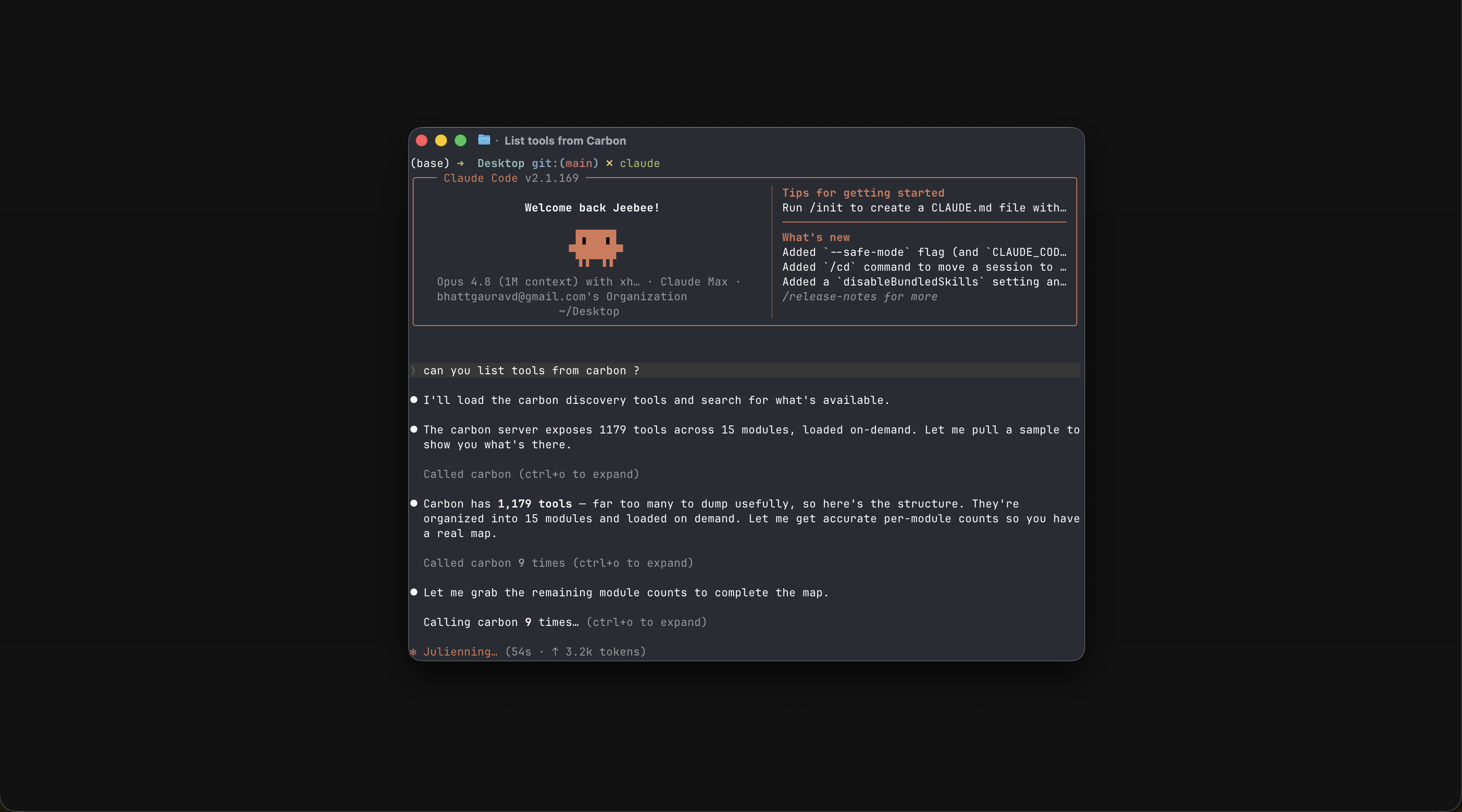Claude Code — “Search Carbon for sales-order tools” returning a list of tools